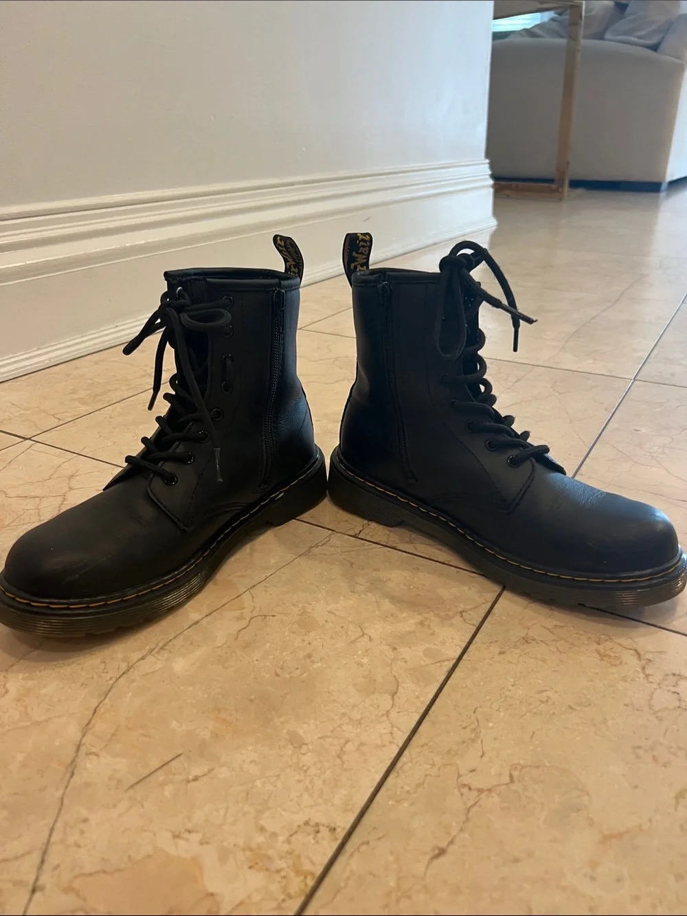 Dr. Martens Kids Black Leather Lace-Up Boots with Yellow Stitching